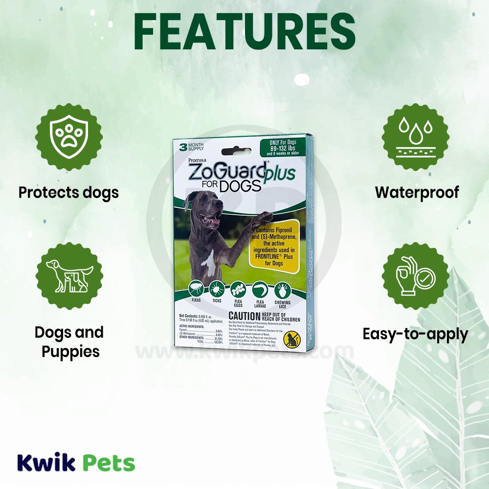 Promika ZoGuard Plus 3-Month Supply Flea & Tick Prevention for Dogs 89-132 lbs 3 Count, Kwik Pets