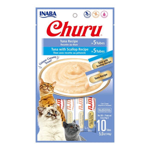 Inaba Churu Creamy Purée Variety Pack Lickable Cat Treats Tuna Recipe & Tuna with Scallop Recipe 0.5-oz Tubes 10 Count, Kwik Pets