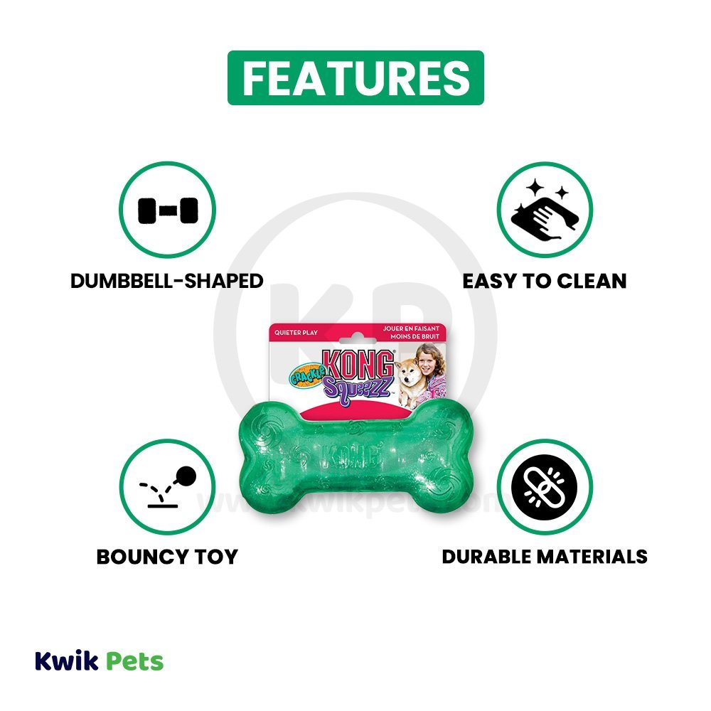 Features of Kong Squeezz Crackle Bone Dog Toy Assorted Large