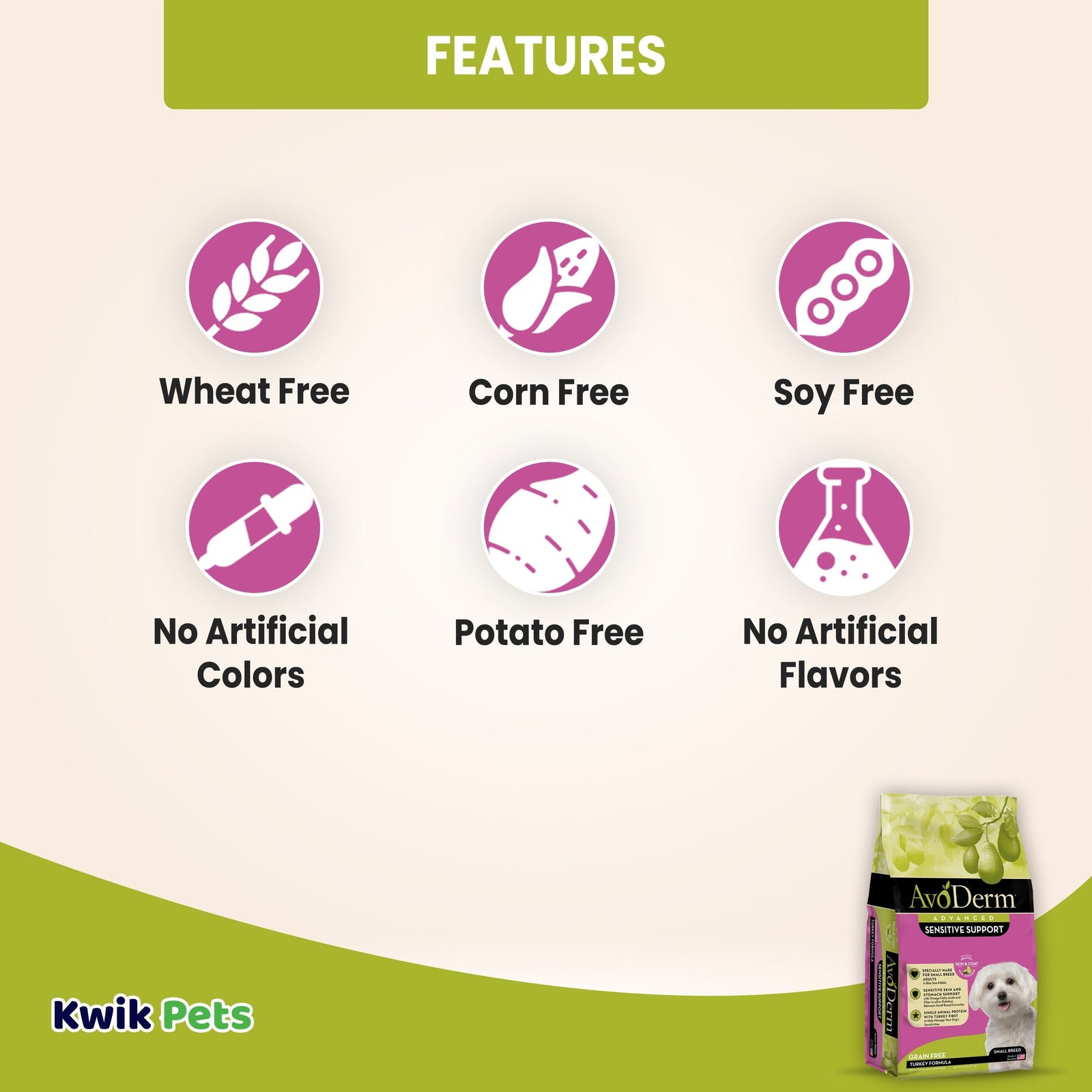 Features of AvoDerm Natural Advanced Sensitive Support Small Breed Turkey Formula Dry Dog Food 4-lb