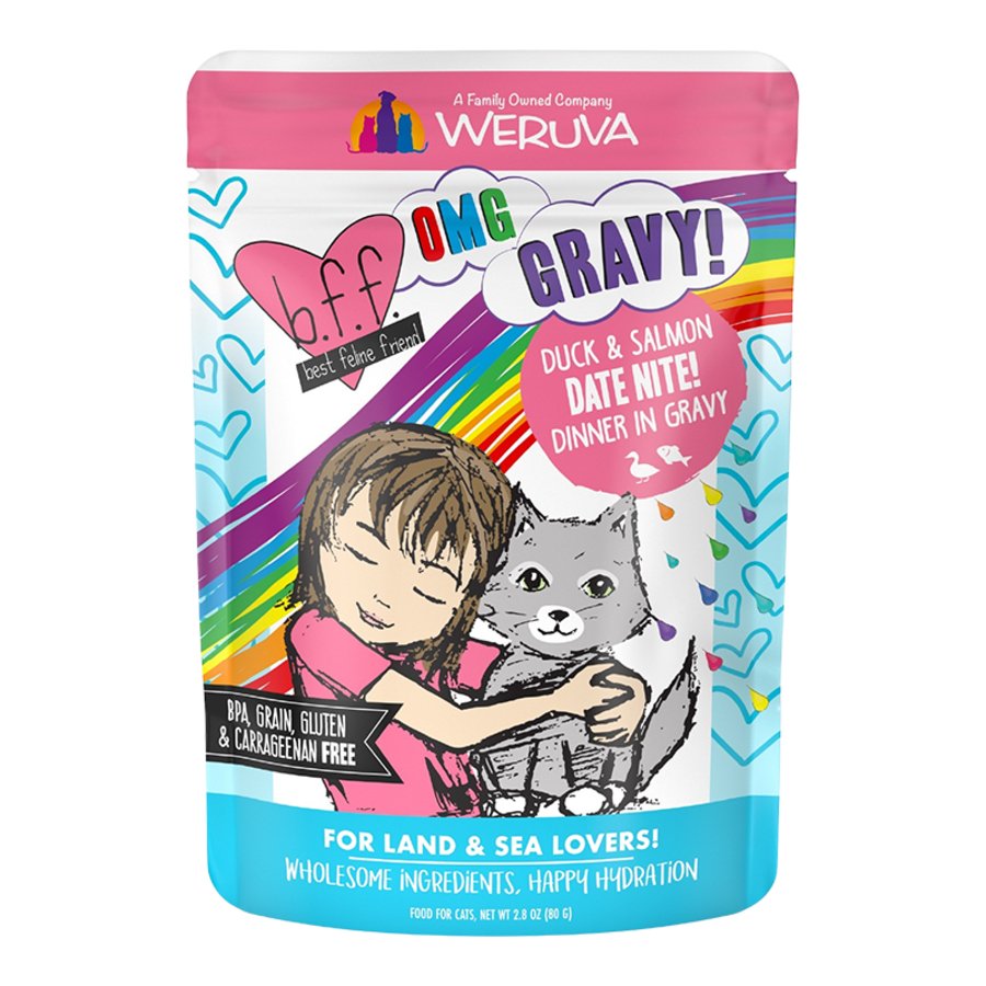 Weruva B.F.F. OMG Duck & Salmon Date Nite! Dinner in Gravy Wet Cat Food Pouches 2.8-oz, Kwik Pets