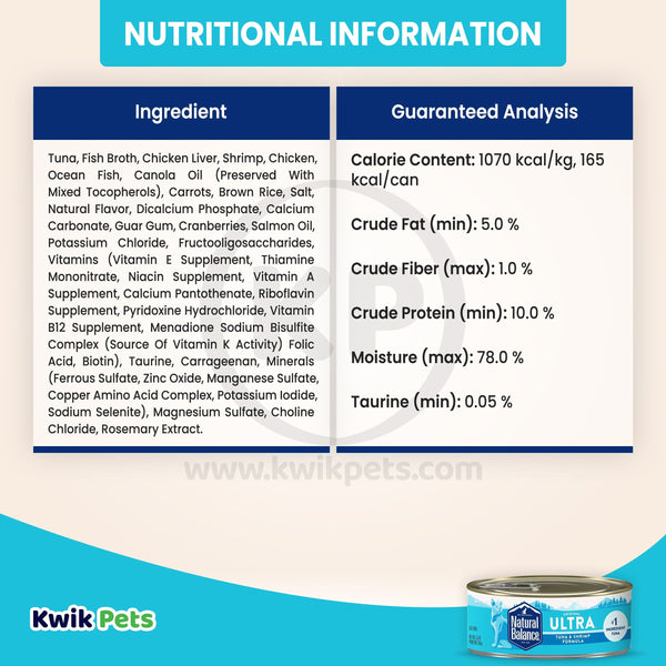 Nutritional Information - Natural Balance Original Ultra Indoor Canned Wet Cat Food Tuna & Shrimp 5.5-oz