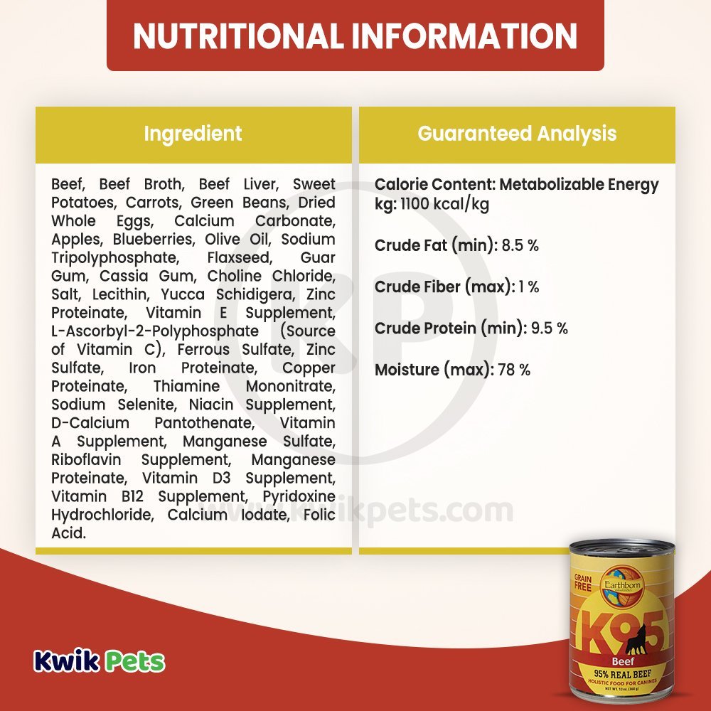 Nutritional Information of Earthborn Holistic K95 Grain-Free Meat Protein Wet Dog Food Beef 13-oz