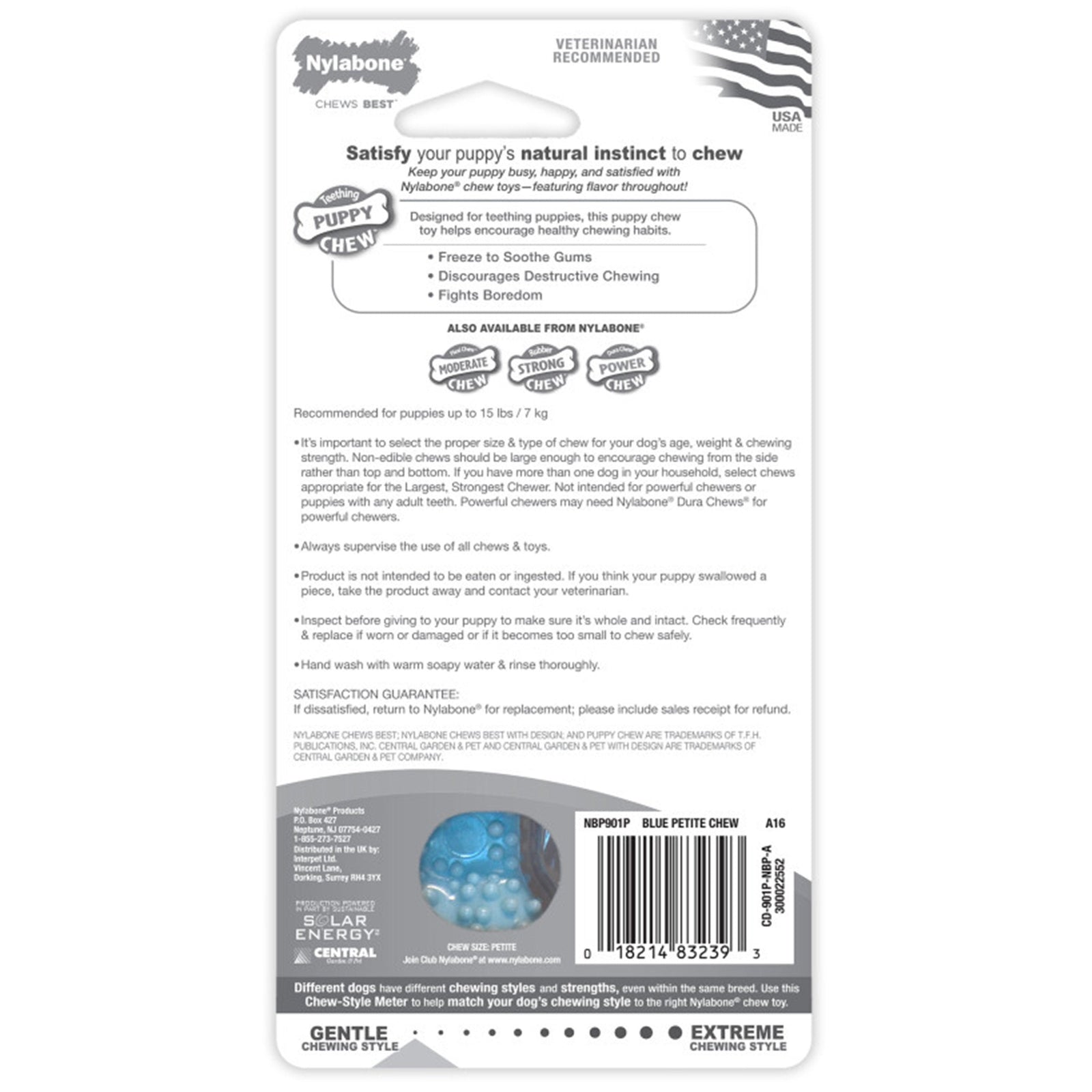 Back of Nylabone Puppy Teething & Soothing Flexible Chew Toy Chicken Flavor Blue XS/Petite - Up To 15 lbs
