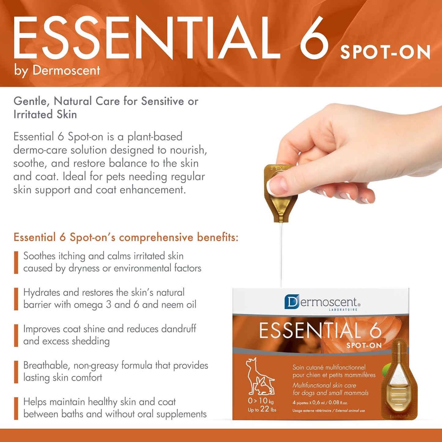 Dermoscent Essential 6 Spot-on Dog Skin Care for Dandruff & Allergy Relief Dogs & Small Mammals Up to 22-lb 4 Pipettes