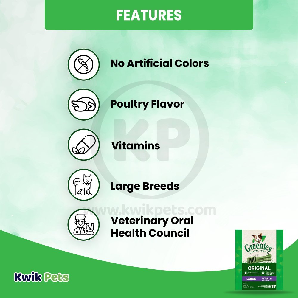 Features of Greenies Original Dog Dental Treats Large 27-oz 17 Count