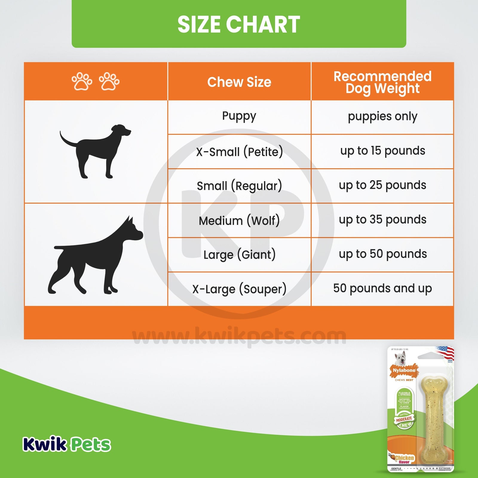 Size chart of Nylabone Moderate Chew Dog Toy Chicken Small/Regular - Up To 25 lbs