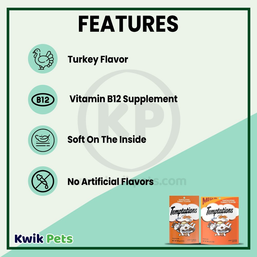 Features of Temptations Classics Crunchy & Soft Adult Cat Treats Tantalizing Turkey 6.3-oz