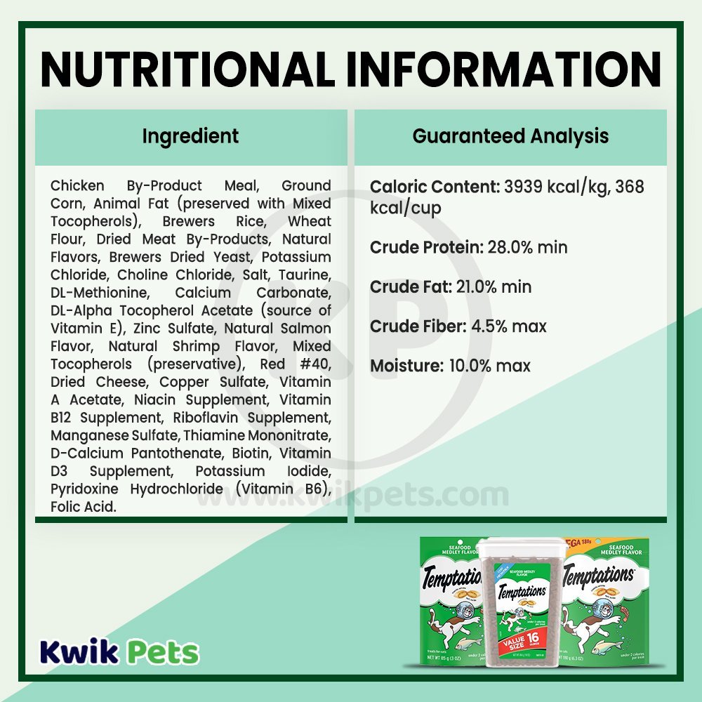 Nutritional Information - Temptations Classics Crunchy & Soft Adult Cat Treats Seafood Medley 6.3-oz