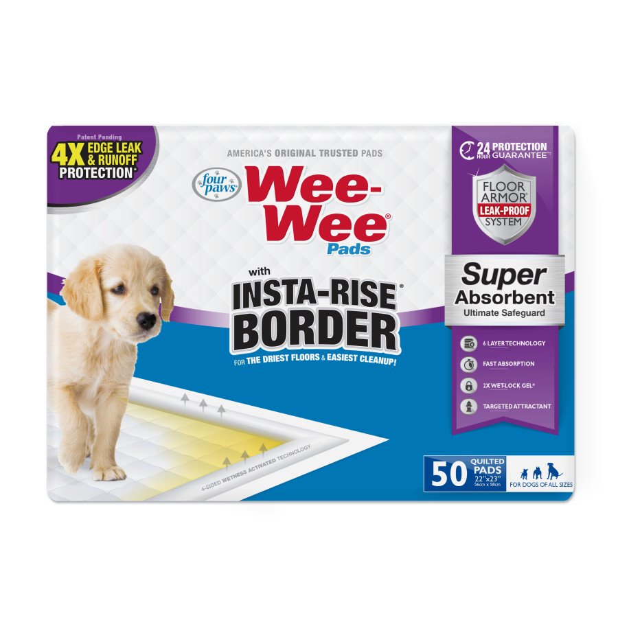 Four Paws Wee-Wee Super Absorbent Dog Pee Pads with Insta-Rise Border 50 Count 22 in X 23 in, Kwik Pets