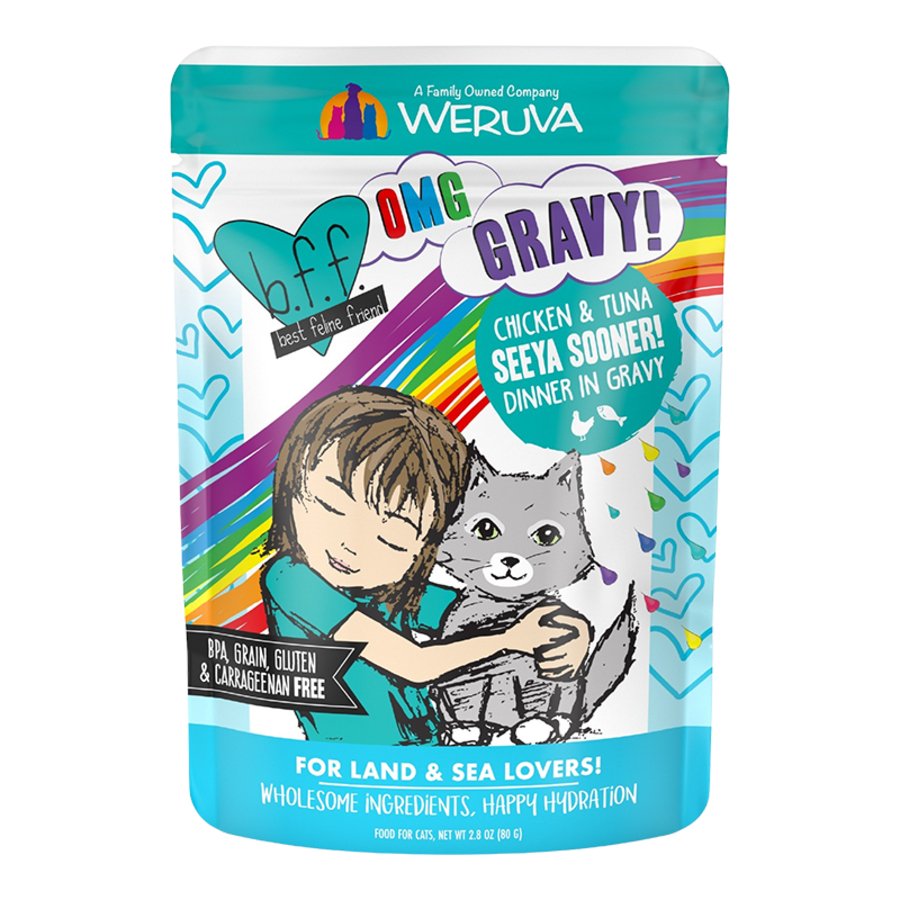 Weruva B.F.F. OMG Chicken & Tuna Seeya Sooner! Dinner in Gravy Wet Cat Food Pouches 2.8-oz, Kwik Pets