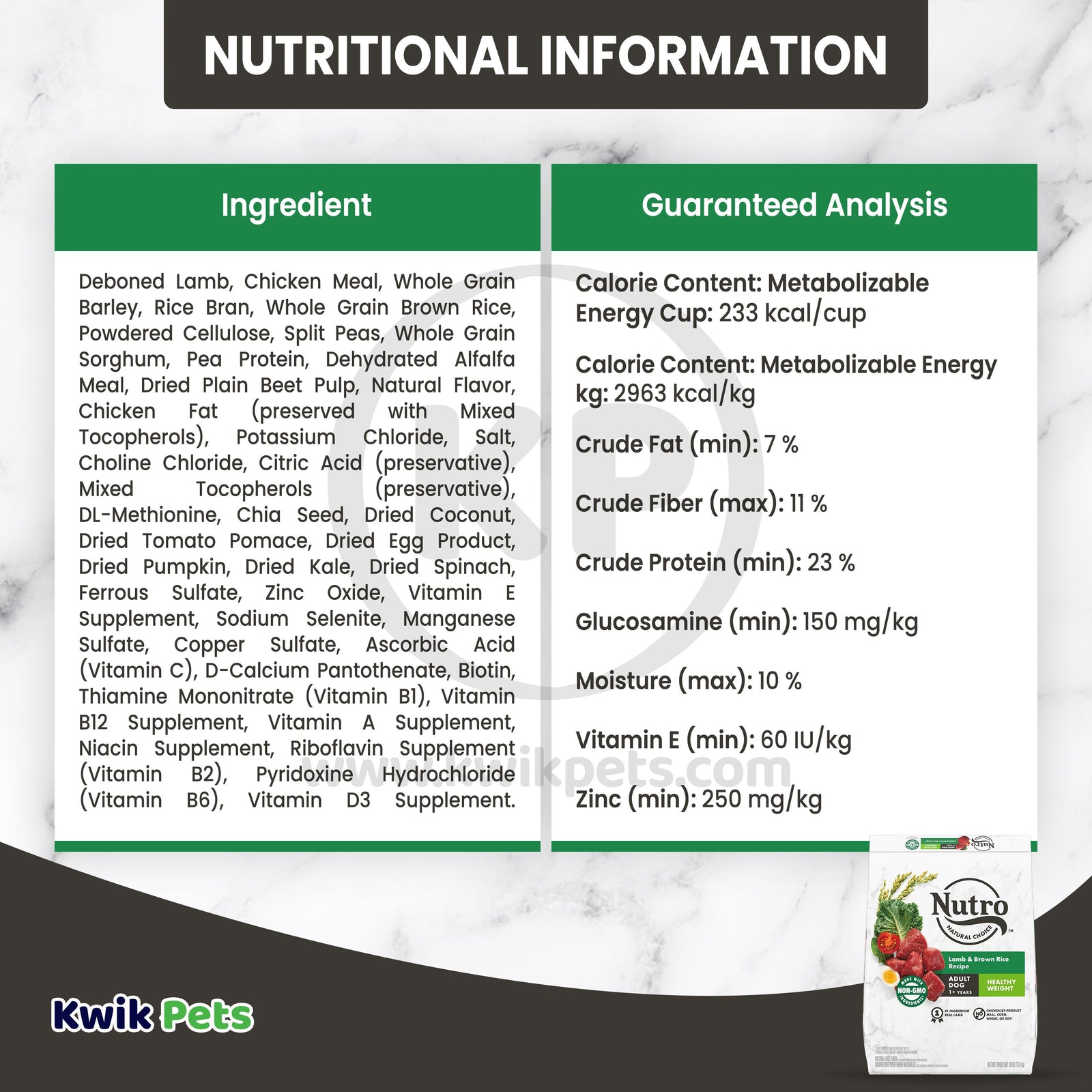 Nutritional Information of Nutro Natural Choice Lamb & Brown Rice Healthy Weight Adult Dry Dog Food 30-lb