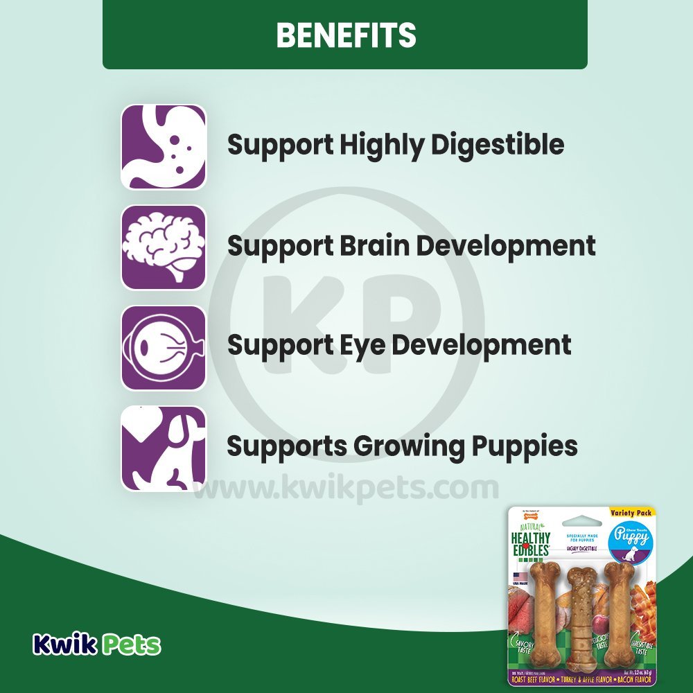 Benefits of Nylabone Healthy Edibles Puppy Natural Long Lasting Variety Dog Chew Treats Roast Beef, Turkey & Apple, Bacon XS/Petite - Up To 15 lbs 3 Count