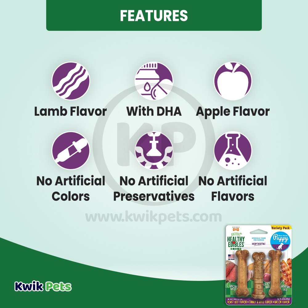 Features of Nylabone Healthy Edibles Puppy Natural Long Lasting Variety Dog Chew Treats Roast Beef, Turkey & Apple, Bacon XS/Petite - Up To 15 lbs 3 Count