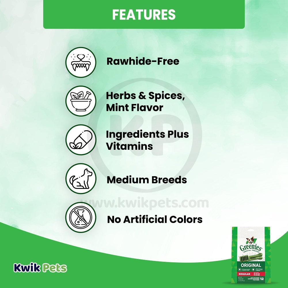Greenies Original Dog Dental Treats Regular 12-oz 12 Count, Kwik Pets