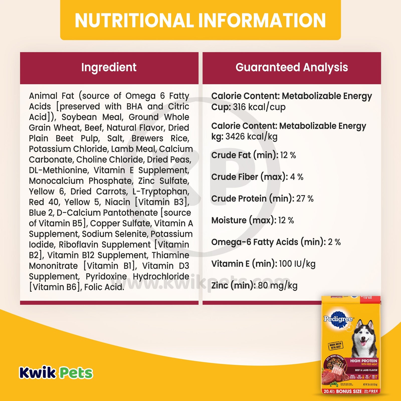 Nutritional Information of Pedigree High Protein Adult Dry Dog Food Beef & Lamb 20.4 lb