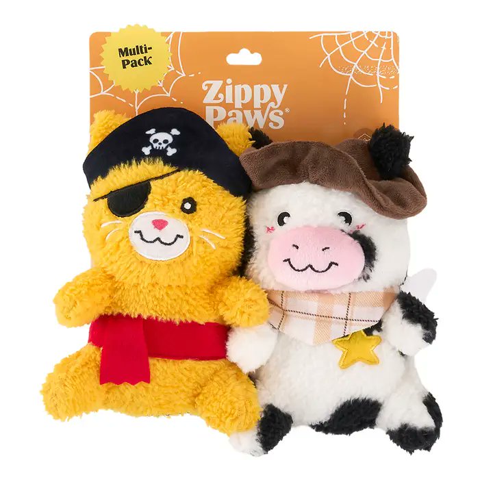 ZippyPaws Halloween Cheeky Chumz Jr Pirate Cat Cow Cowboy Plush Dog Toy 2 Count