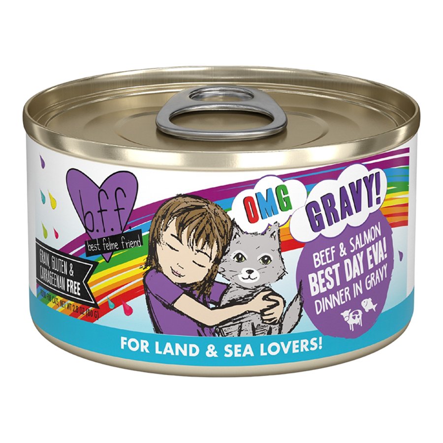 Weruva B.F.F. OMG Beef & Salmon Best Day Eva! Dinner in Gravy Wet Cat Food 2.8-oz, Kwik Pets