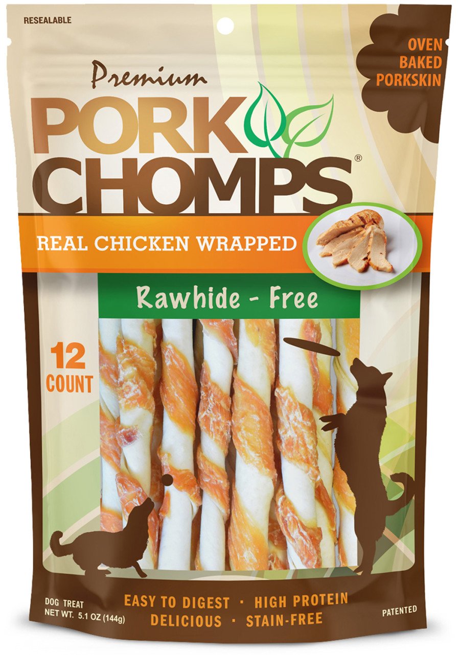 Scott Pet Premium Pork Chomps Mini Twist Dog Treats Real Chicken Wrapped 12 Count 5.1-oz, Kwik Pets