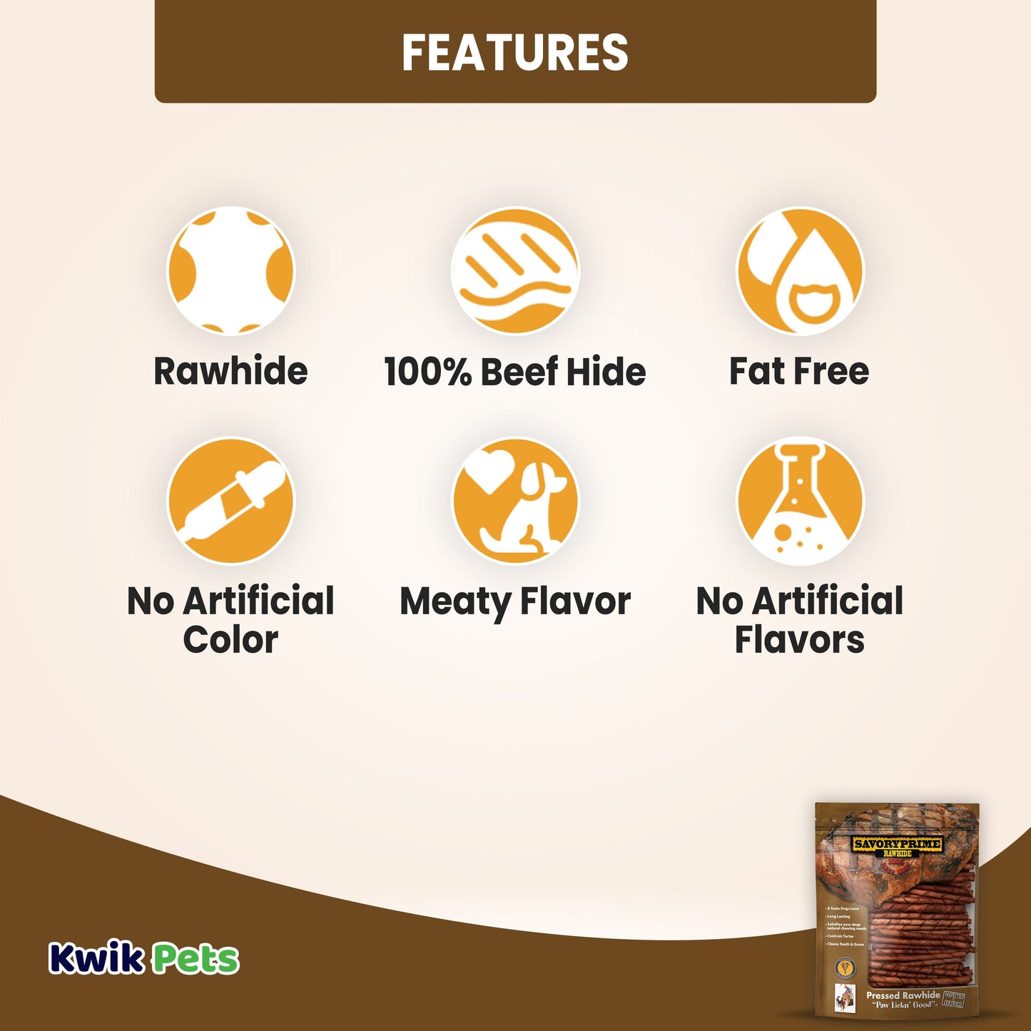 Savory Prime Pressed Rawhide Twist Sticks Beef 5-in 100 Count, Kwik Pets