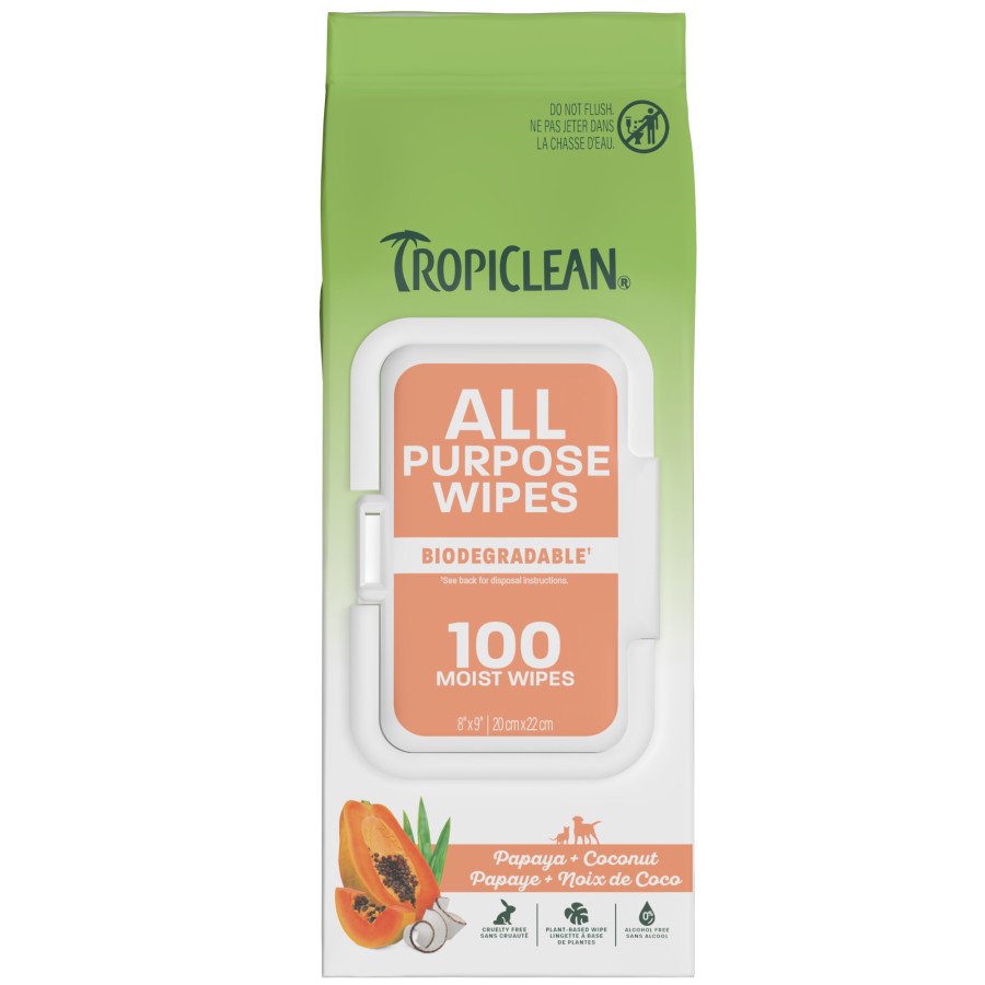 TropiClean Papaya & Coconut All-Purpose Wipes for Dogs & Cats 100 Count, Kwik Pets