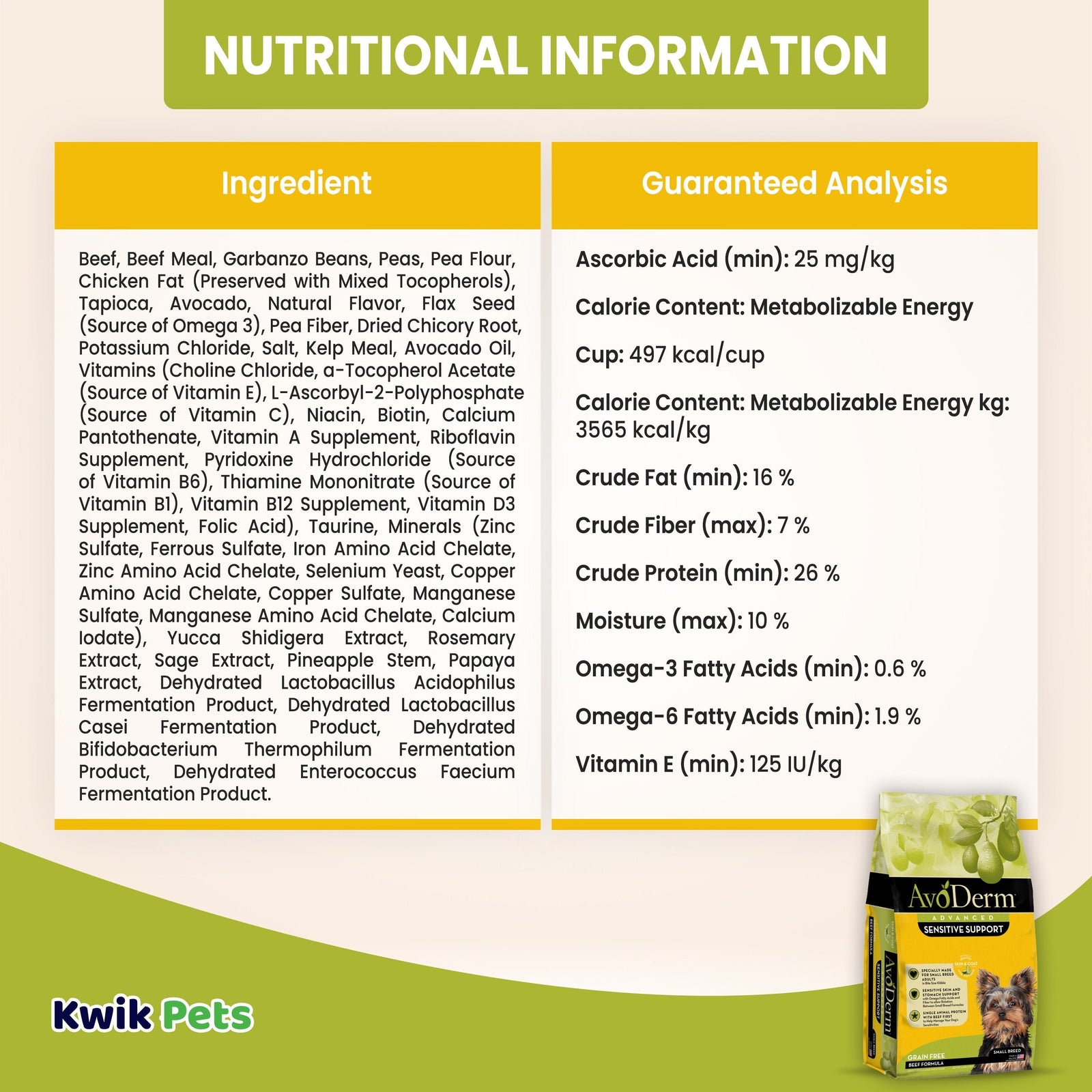 Nutritional Information of AvoDerm Natural Advanced Sensitive Support Small Breed Beef Formula Dry Dog Food 4-lb