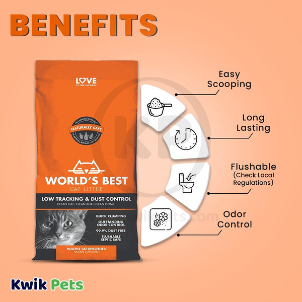 Benefits - World's Best Cat Litter Low Tracking & Dust Control Multiple Cat Unscented Formula 8-lb