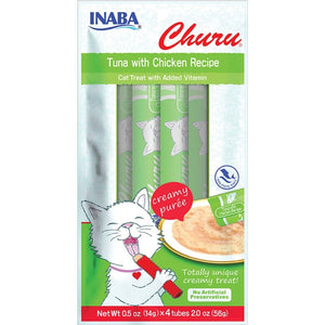 Inaba Churu Creamy Purée Lickable Cat Treats Tuna with Chicken Recipe 0.5-oz Tubes 4 Count, Kwik Pets
