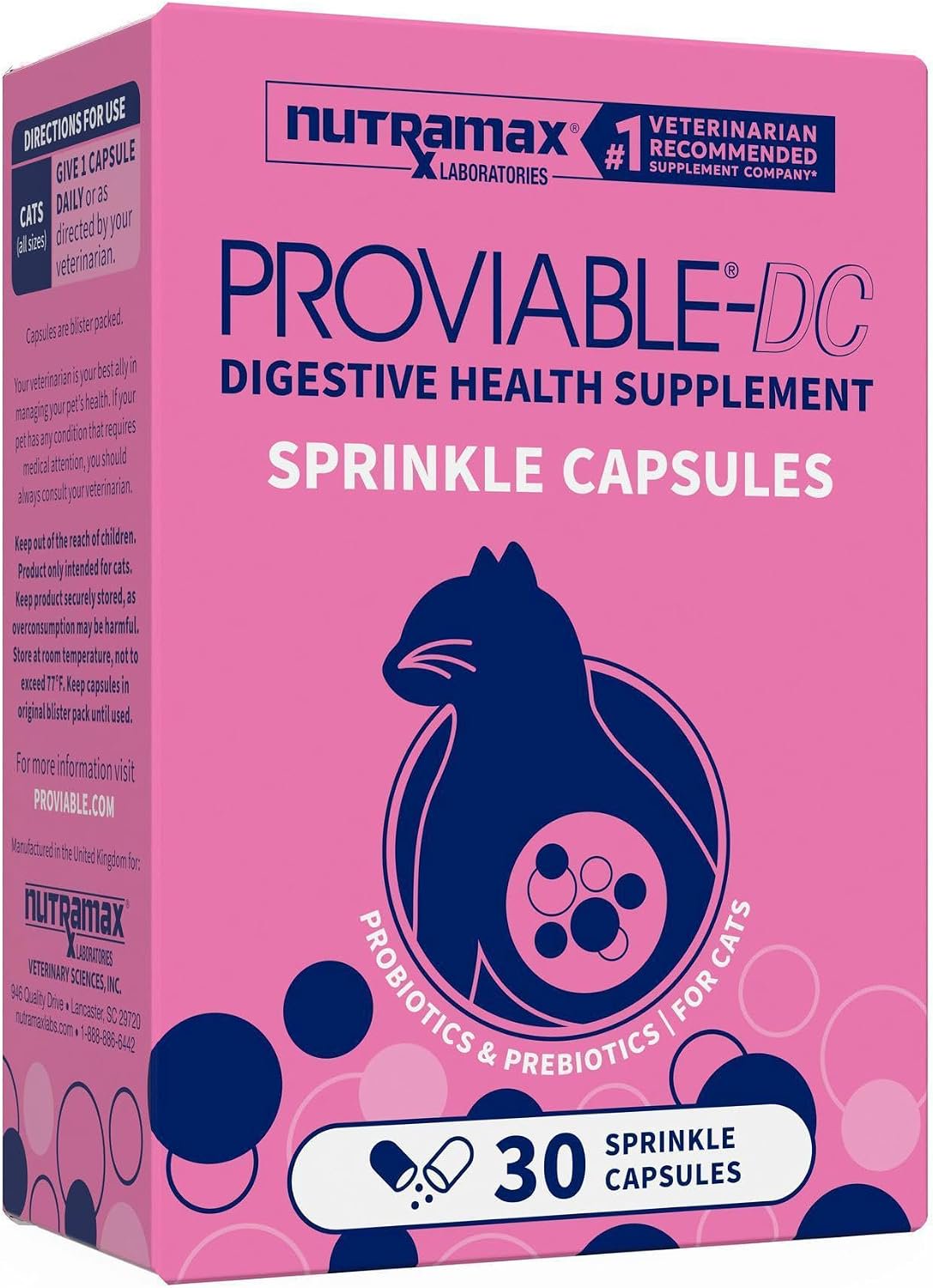 Nutramax Proviable Probiotics & Prebiotics Digestive Health Supplement for Dogs & Cats 30 Count