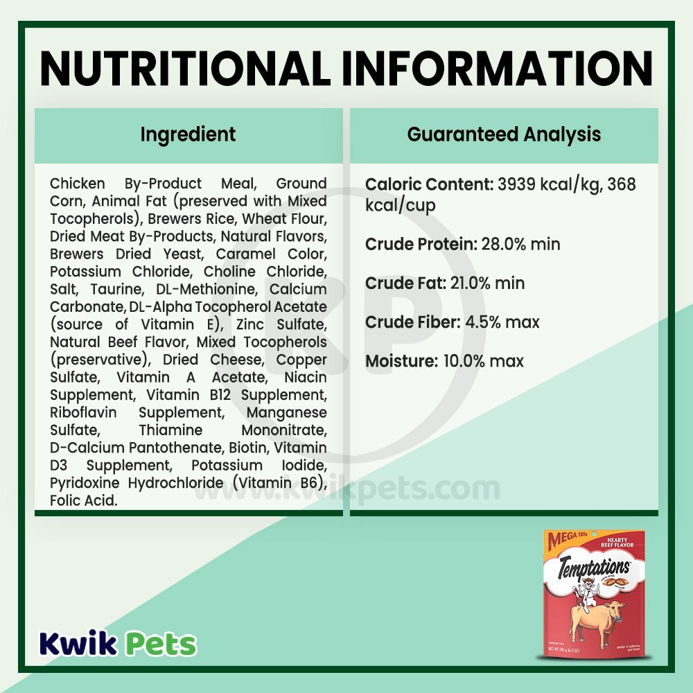 Nutritional Information - Temptations Classics Crunchy & Soft Adult Cat Treats Hearty Beef 6.3-oz