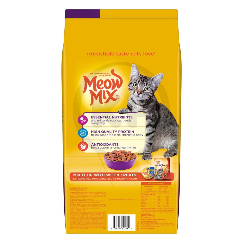 Back of Meow-Mix Original Choice Dry Cat Food Chicken, Turkey, Salmon & Ocean Fish 6.3-lb