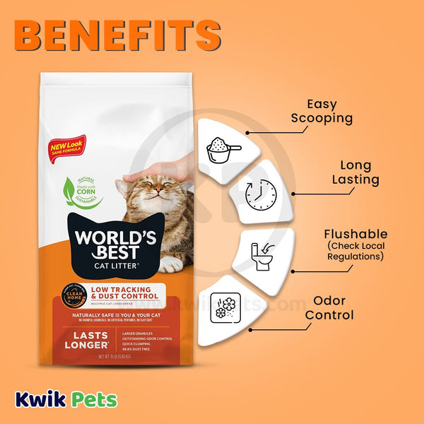 World's Best Cat Litter Low Tracking & Dust Control Multiple Cat Unscented Formula 15-lb, Kwik Pets