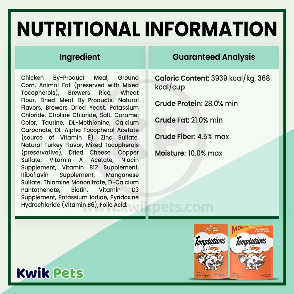 Nutritional Information - Temptations Classics Crunchy & Soft Adult Cat Treats Tantalizing Turkey 6.3-oz