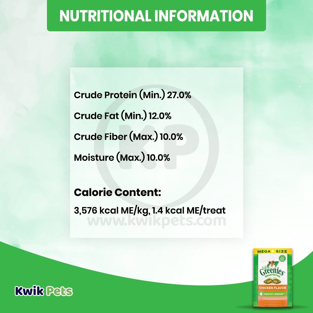Nutrition Information - Greenies Feline SmartBites Healthy Indoor Chicken Cat Treats 4.6-oz
