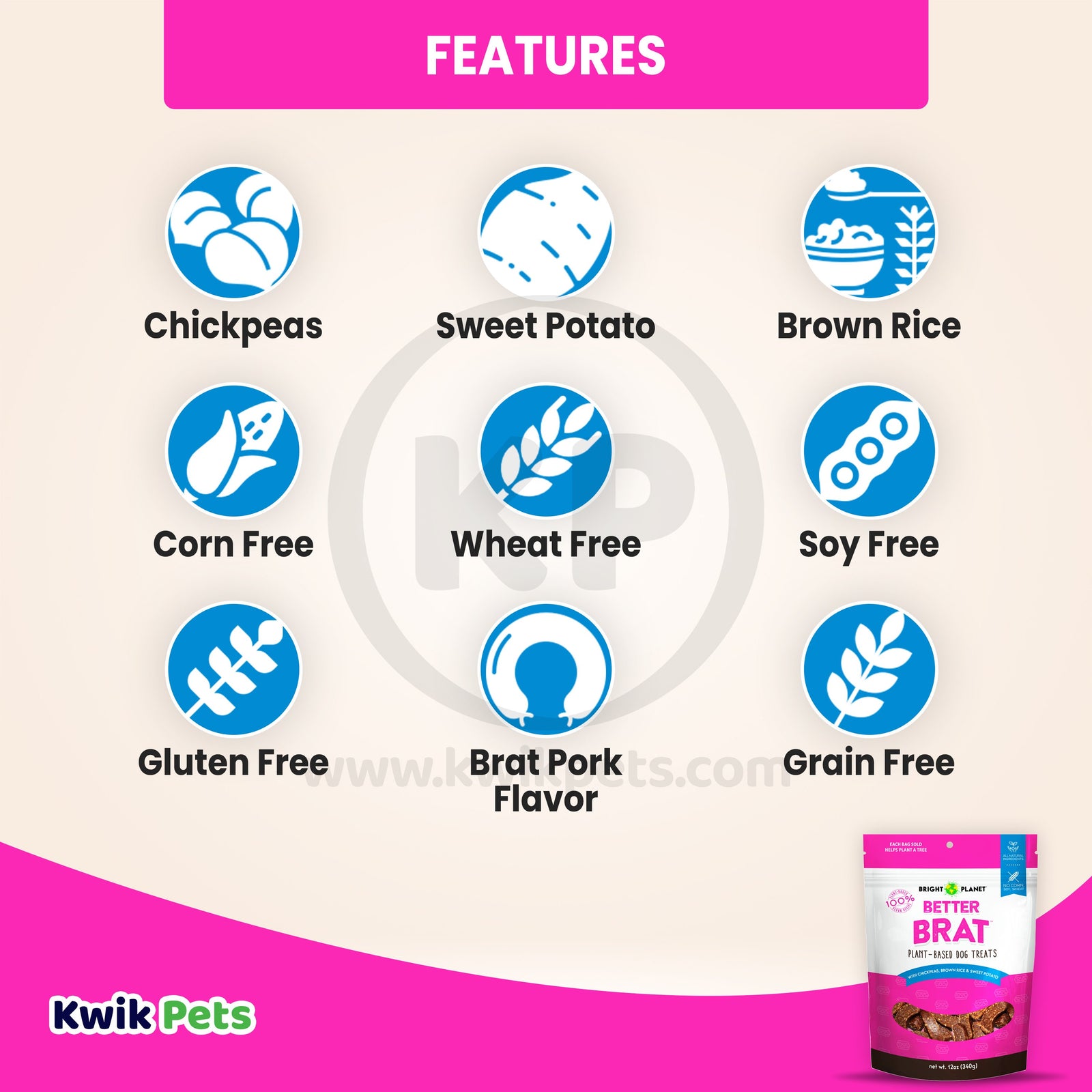 Bright Planet Better Brat Plant-Based Dog Treats 12-oz, Kwik Pets
