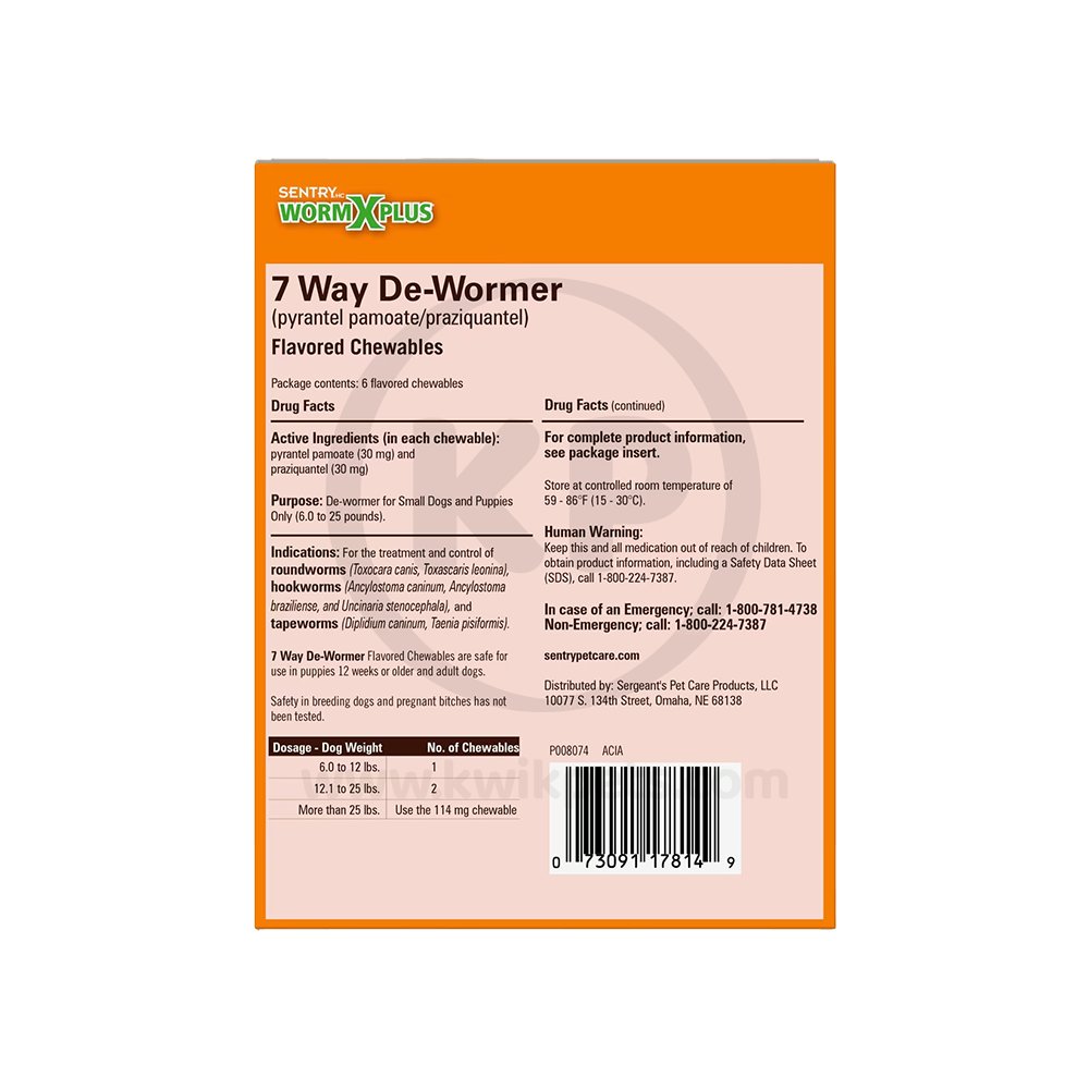 Back of Sentry Worm X Plus 7 Way De-Wormer for Small Dogs 6 Count