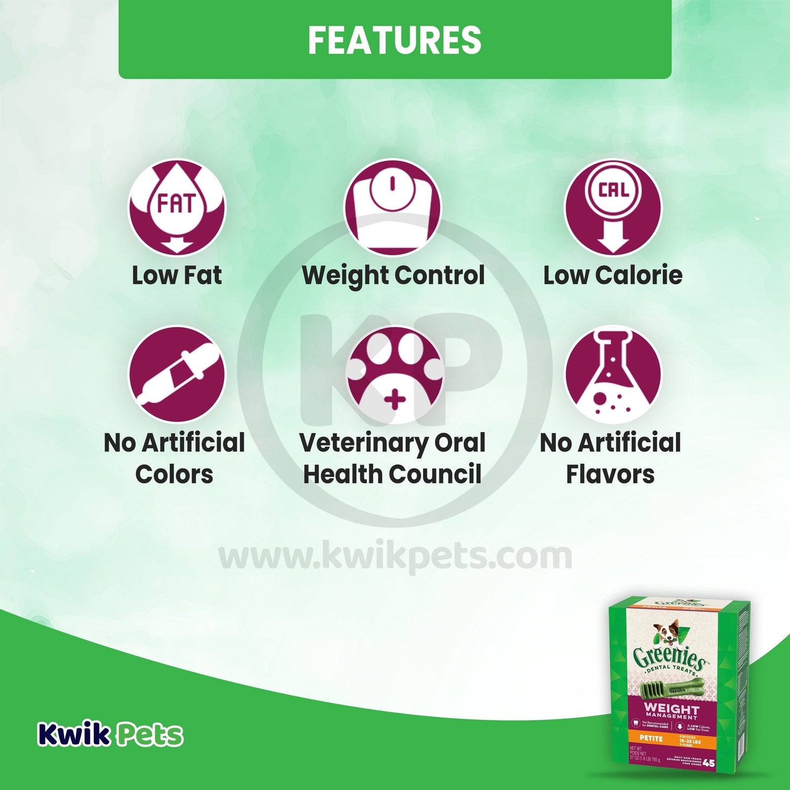 Features of Greenies Weight Management Dog Dental Treats Petite 45 Count 27-oz