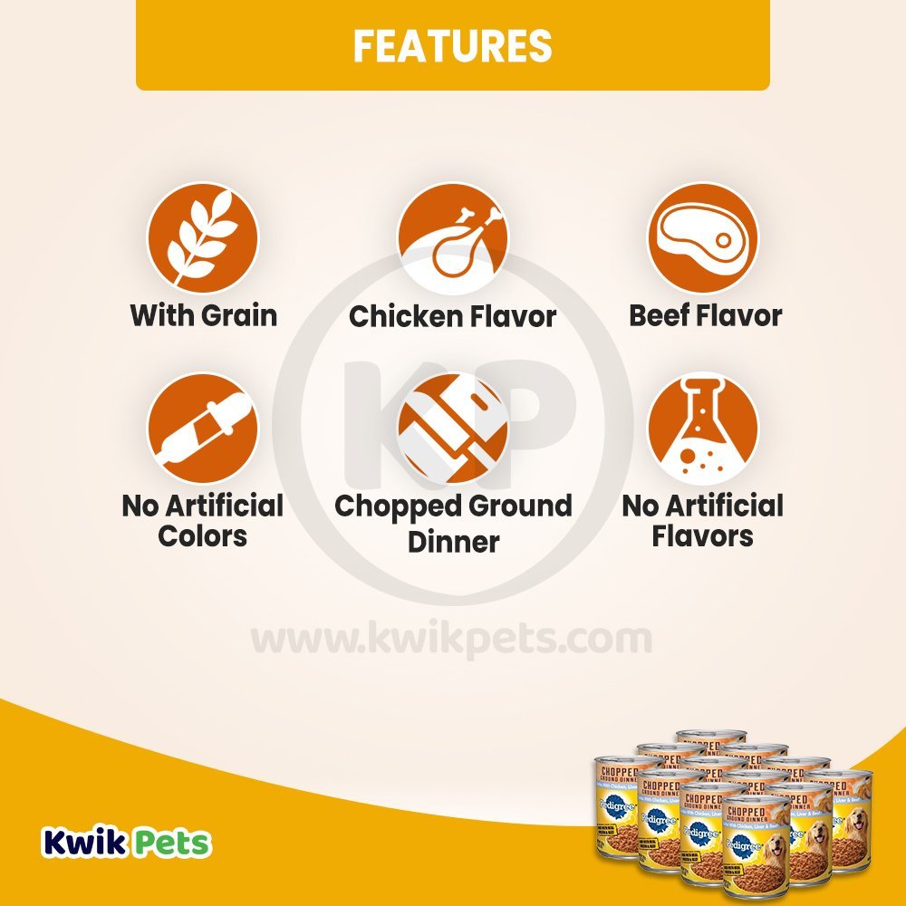 Features of Pedigree Chopped Ground Dinner Adult Wet Dog Food Chicken Beef & Liver 13.2-oz 12 Pack