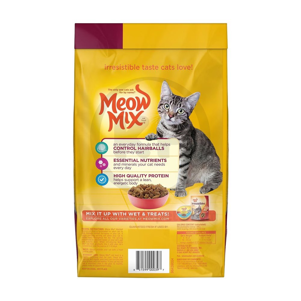 Back of Meow-Mix Hairball Control Dry Cat Food Chicken, Turkey, Salmon & Ocean Fish 3.15-lb