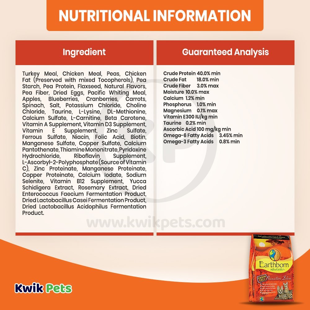 Nutritional Information - Earthborn Holistic Primitive Feline Grain-Free Dry Cat Food 14-lb