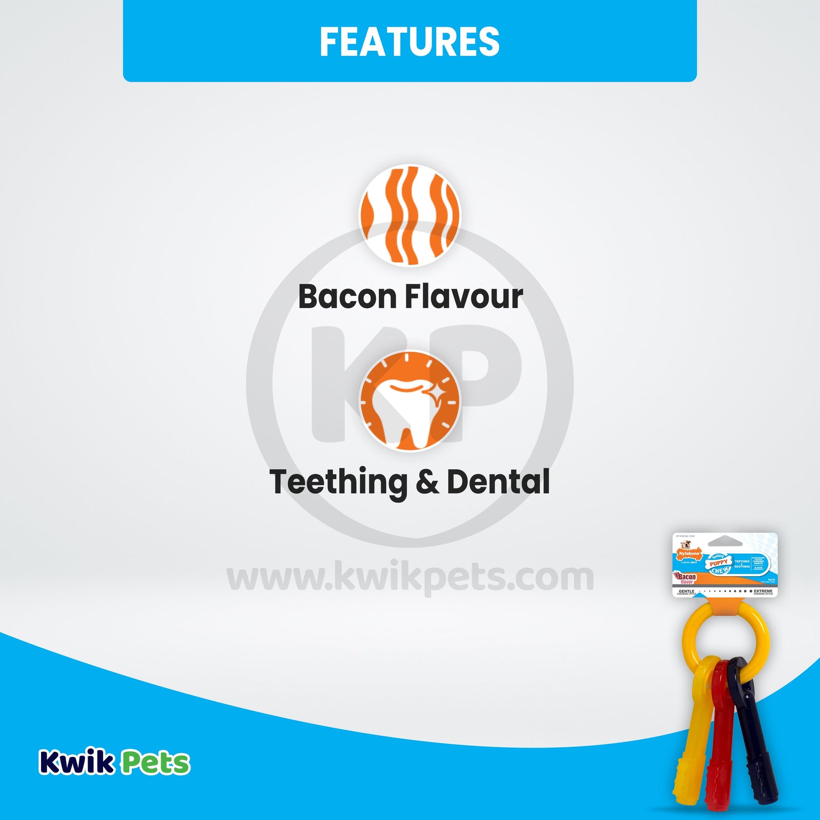 Featurs of Nylabone Just for Puppies Teething Chew Toy Keys Bacon Medium/Wolf - Up To 35 lbs