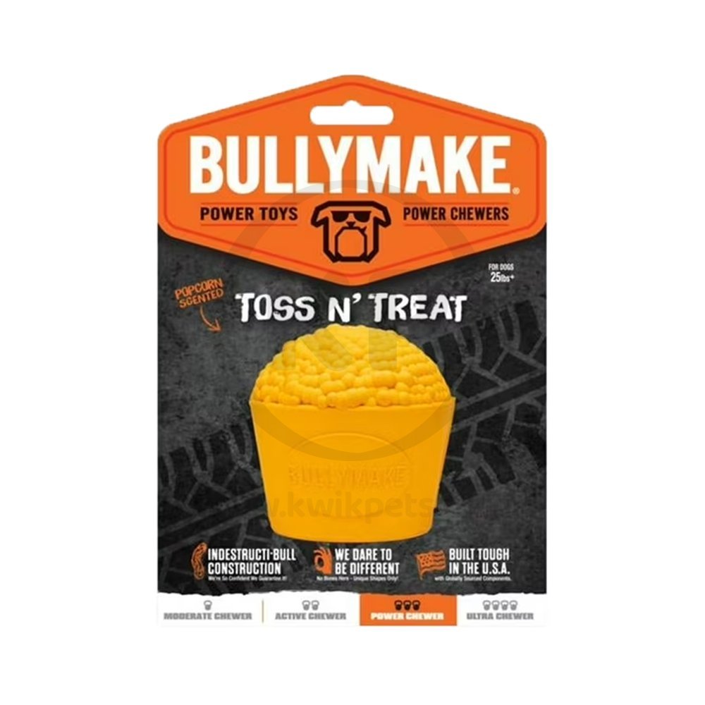 Front of BullyMake Toss n' Treat Butter Flavored Popcorn Dog Chew Toy One Size