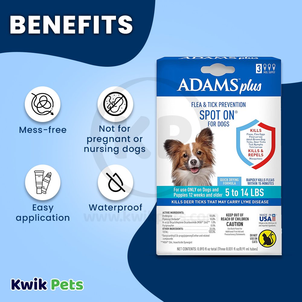 Adams Plus Flea & Tick Prevention Spot On for Dogs 3 month supply, Clear, SMall Dog 5 To 14 lb, Adams