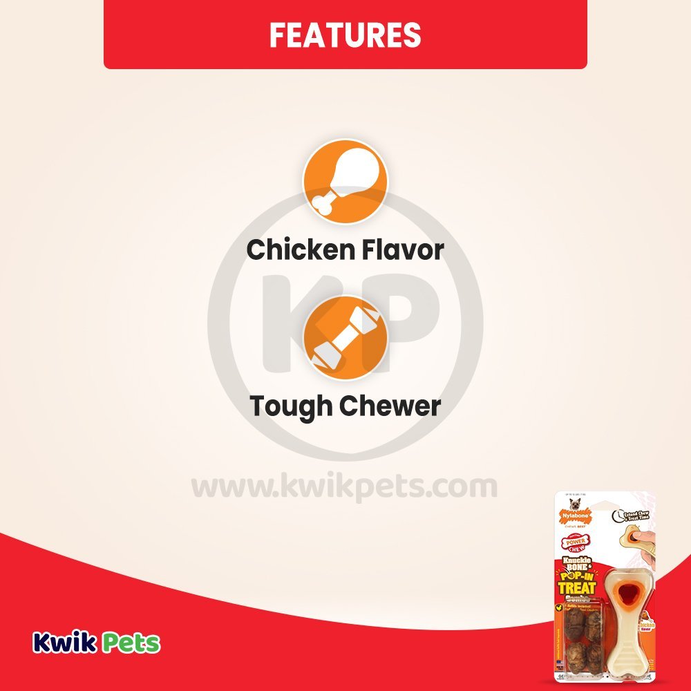 Features of Nylabone Power Chew Knuckle Bone & Pop-In Treat Dog Toy Combo Chicken XS/Petite - Up To 15 lbs