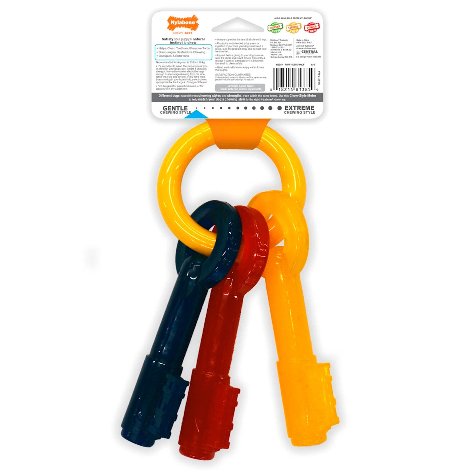 Back of Nylabone Just for Puppies Teething Chew Toy Keys Bacon Medium/Wolf - Up To 35 lbs