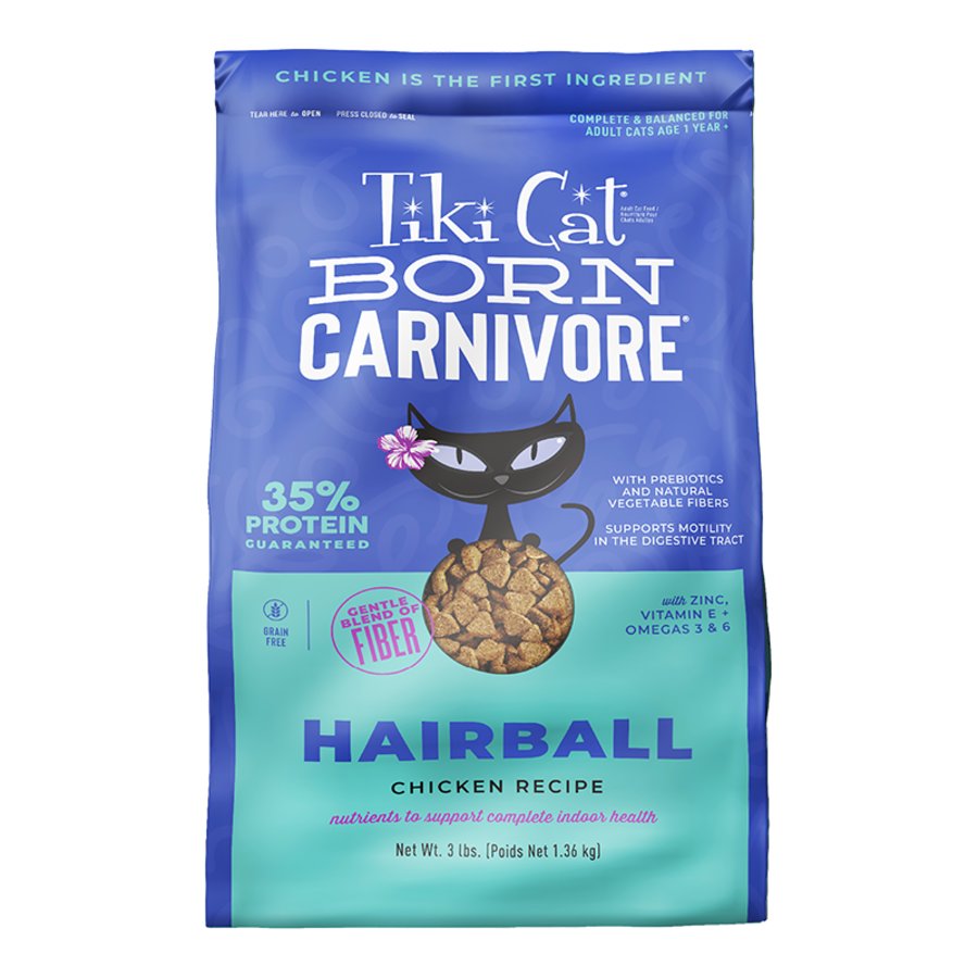 Tiki Pets Cat Born Carnivore Hairball Control Grain-Free Adult Dry Cat Food Chicken 3-lb, Kwik Pets