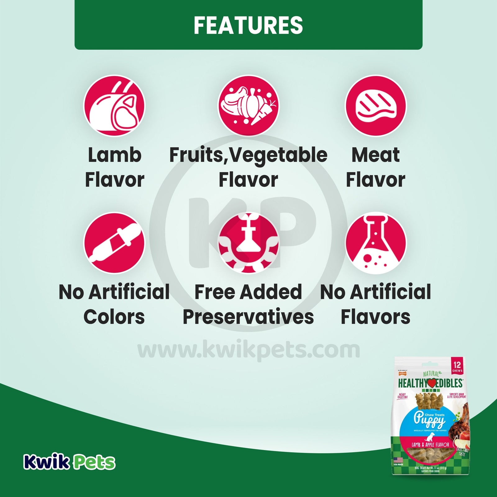 Features of Nylabone Healthy Edibles Animal-Shaped Puppy Chew Treats Lamb & Apple Small/Regular - Up To 25 Ibs 12 Count