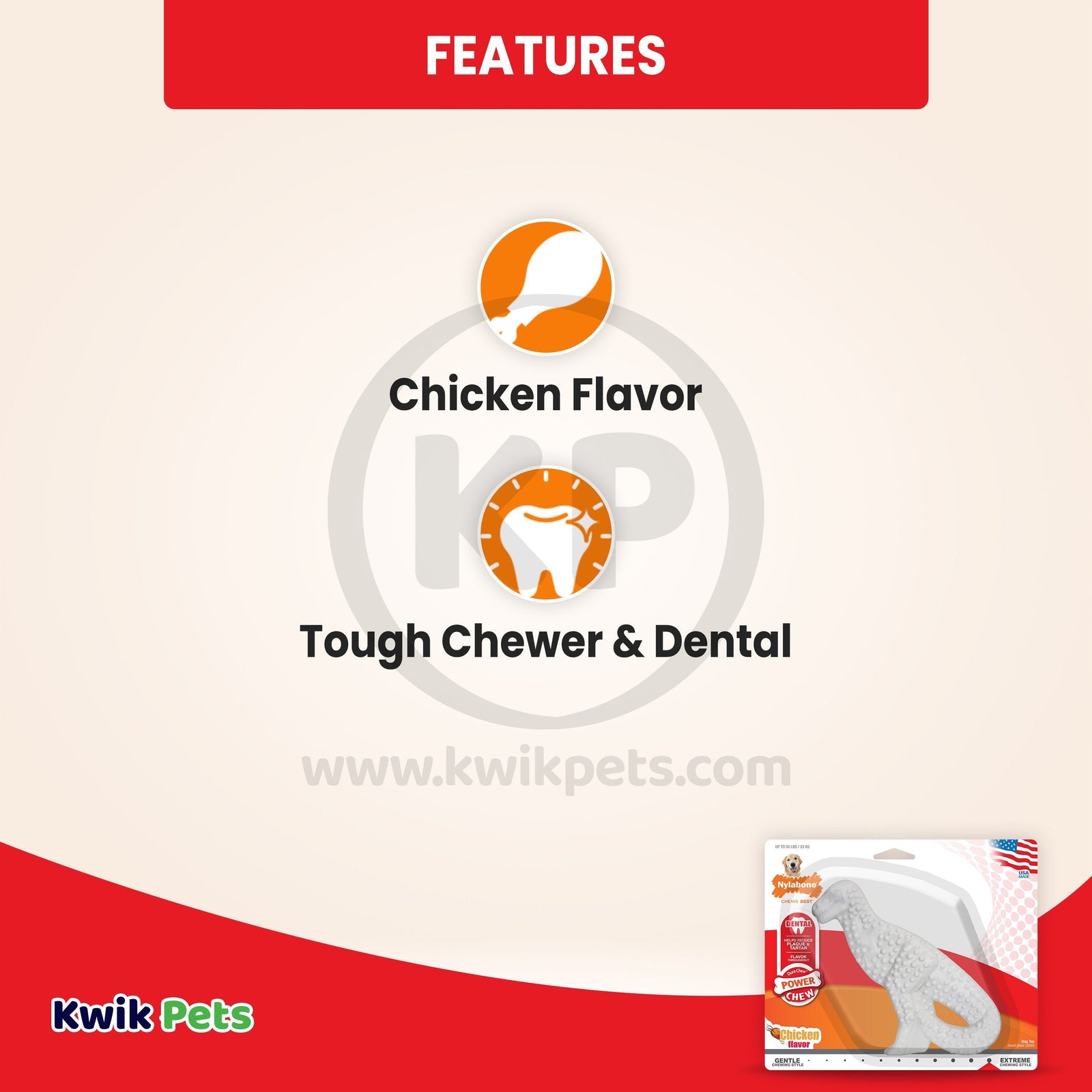 Features of Nylabone Power Chew Dental Dinosaur Dog Toy Chicken White Large/Giant - Up To 50 lbs
