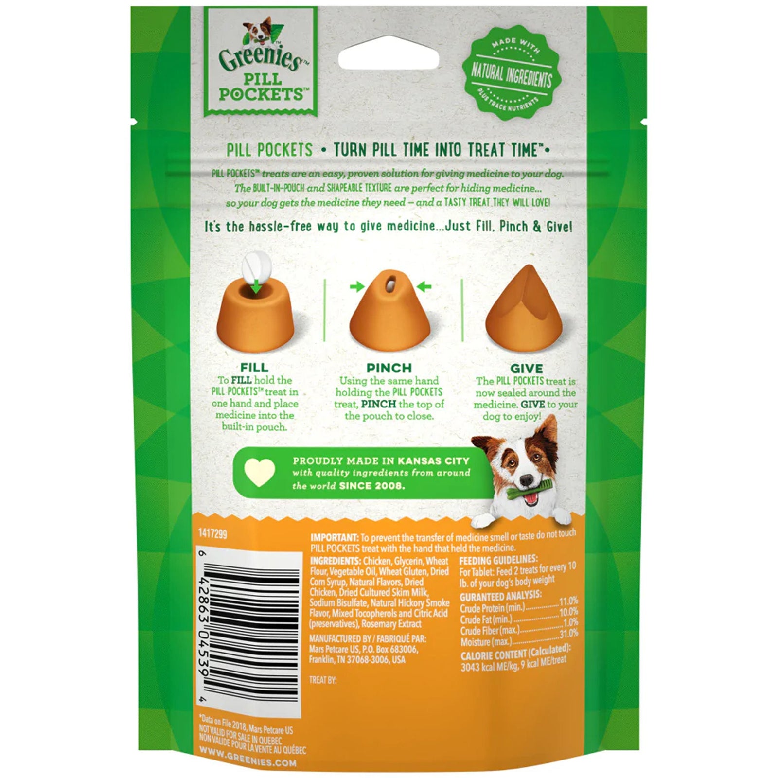 Back of Greenies Tablet Pill Pockets Dog Treats Chicken 3.2-oz 30 Count