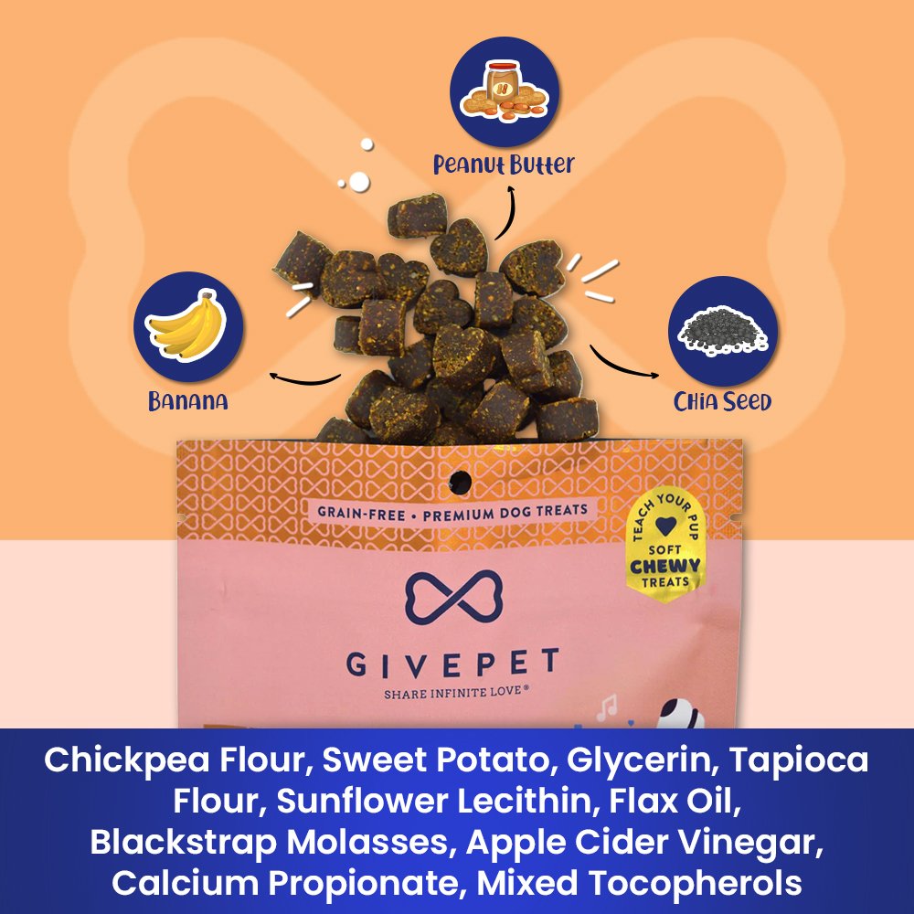 Details of Givepet Upward Dog Grain-Free Premium Soft Chewy Dog Treats Banana, Peanut Butter & Chia Seed 6-oz